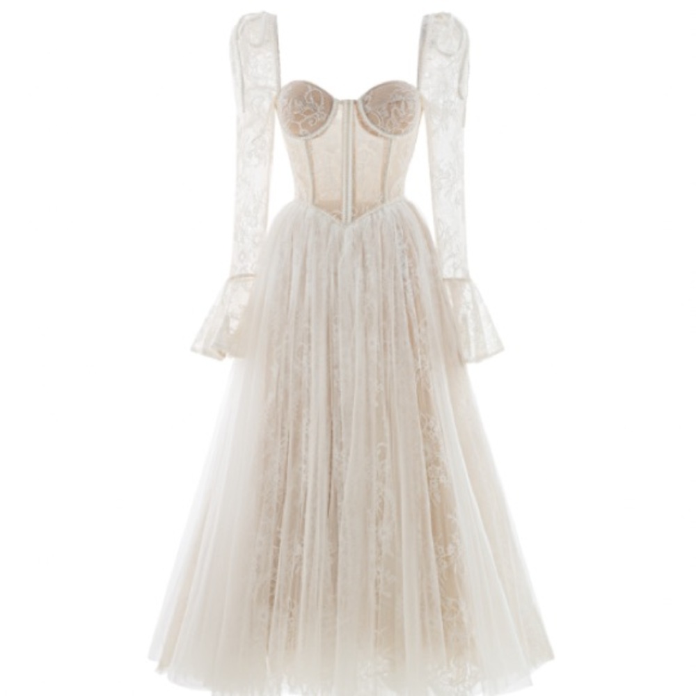 Embroidered Lace White Midi Corset Dress - Picture 3 of 11